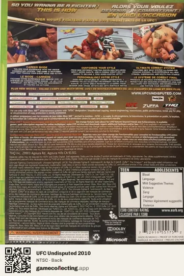 UFC Undisputed 2010 Xbox 360, NTSC box back