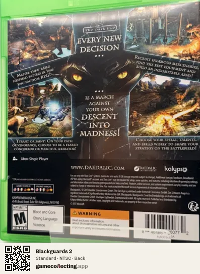 Blackguards 2 Xbox One, NTSC box back