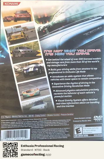 Enthusia Professional Racing PlayStation 2, NTSC box back