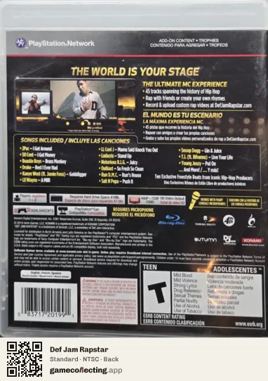 Def Jam Rapstar PlayStation 3, NTSC box back