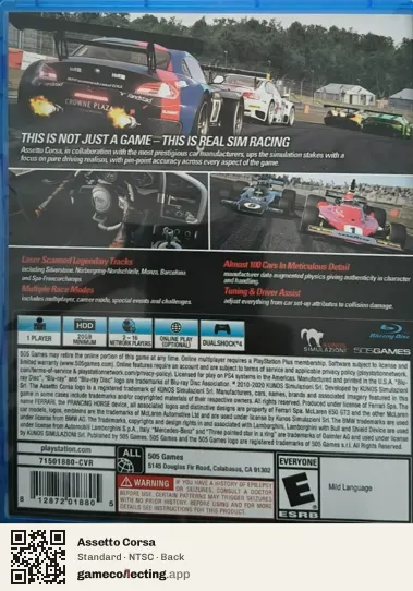 Assetto Corsa PlayStation 4, NTSC box back