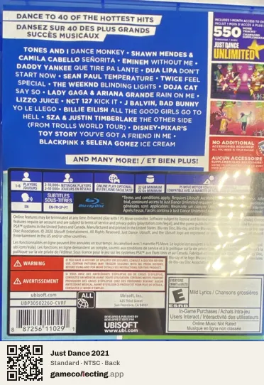 Just Dance 2021 PlayStation 4, NTSC box back