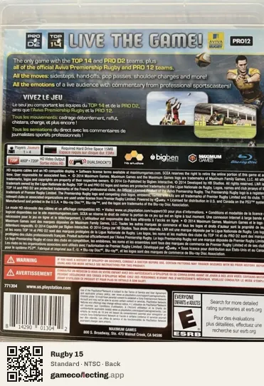 Rugby 15 PlayStation 3, NTSC box back