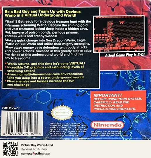 Virtual Boy Wario Land Virtual Boy, NTSC box back