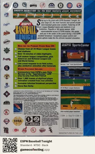 ESPN Baseball Tonight Sega Mega-CD / Sega CD, NTSC box back