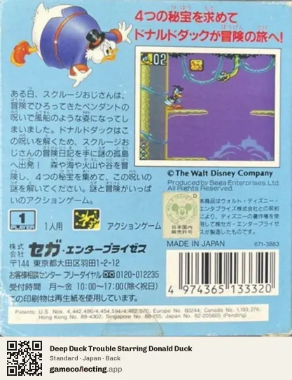 Deep Duck Trouble Starring Donald Duck Sega Game Gear, Japan box back