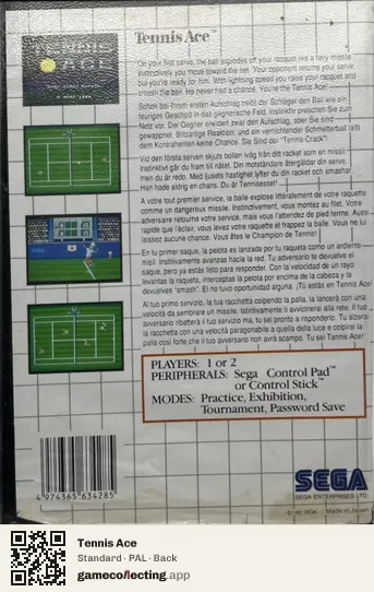 Tennis Ace Sega Master System, PAL box back