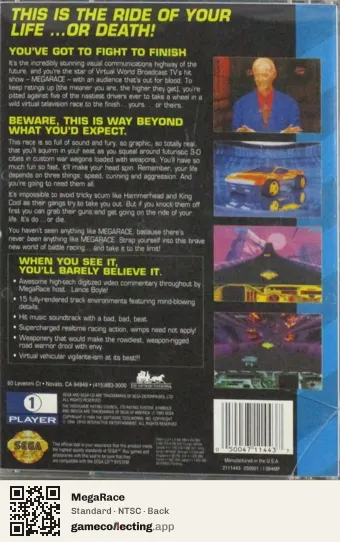 MegaRace Sega Mega-CD / Sega CD, NTSC box back