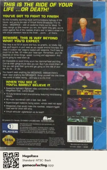 MegaRace Sega Mega-CD / Sega CD, NTSC box back