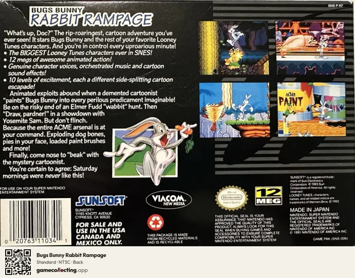 Bugs Bunny Rabbit Rampage Super Nintendo Entertainment System, NTSC box back