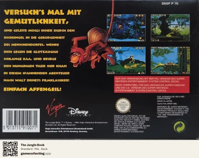 The Jungle Book Super Nintendo Entertainment System, PAL box back