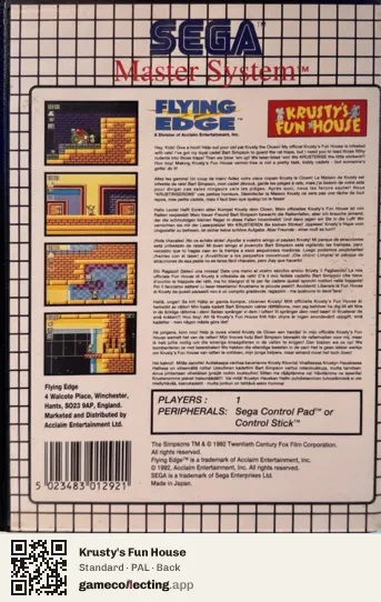 Krusty's Fun House Sega Master System, PAL box back