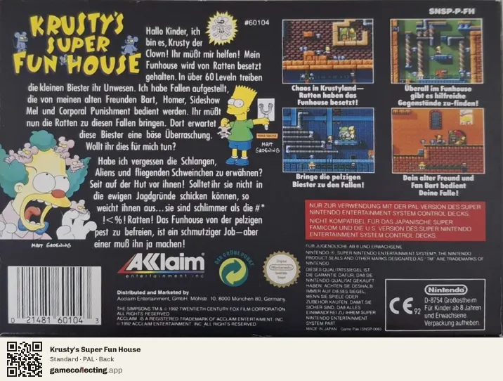 Krusty's Super Fun House Super Nintendo Entertainment System, PAL box back