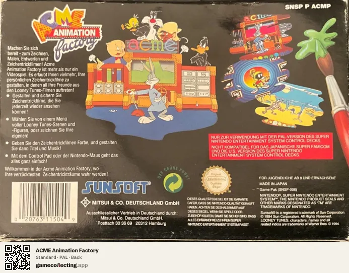 ACME Animation Factory Super Nintendo Entertainment System, PAL box back