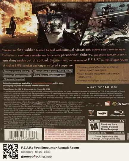 F.E.A.R.: First Encounter Assault Recon PlayStation 3, NTSC box back