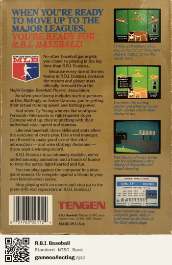 R.B.I. Baseball Nintendo Entertainment System, NTSC box back