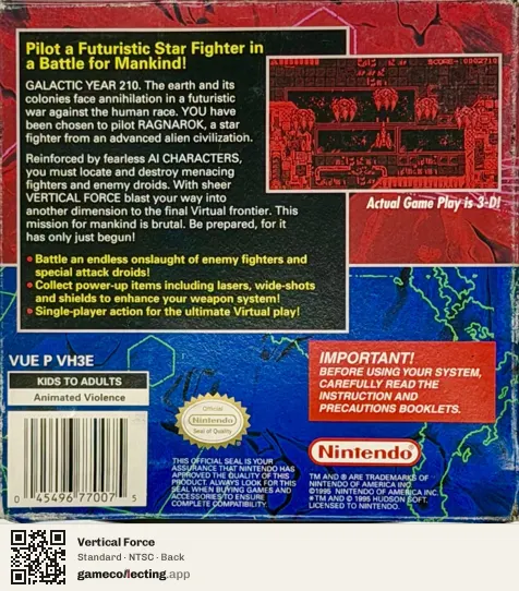 Vertical Force Virtual Boy, NTSC box back