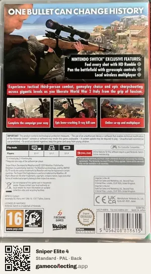 Sniper Elite 4 Nintendo Switch, PAL box back