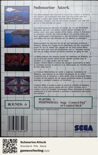Submarine Attack Sega Master System, PAL box back