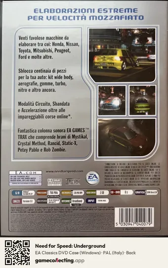 Need for Speed: Underground Computer, Italy box back