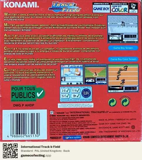 International Track & Field Game Boy Color, United Kingdom box back