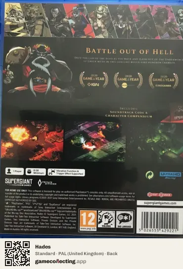 Hades PlayStation 5, United Kingdom box back