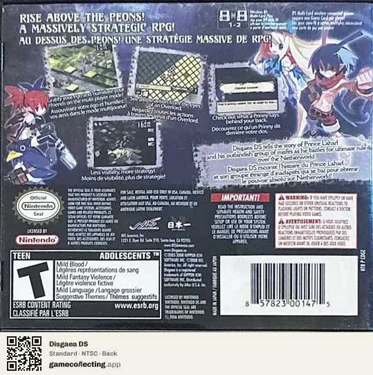 Disgaea DS Nintendo DS, NTSC box back