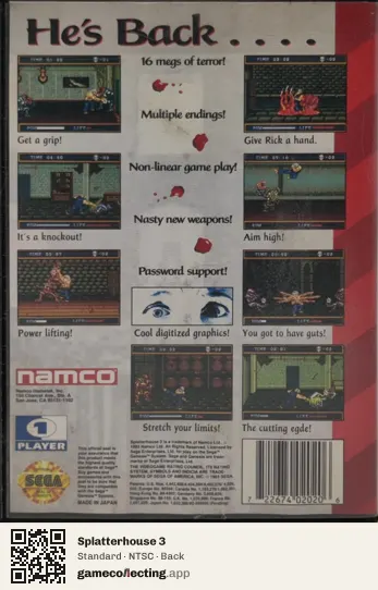 Splatterhouse 3 Sega Mega Drive / Genesis, NTSC box back