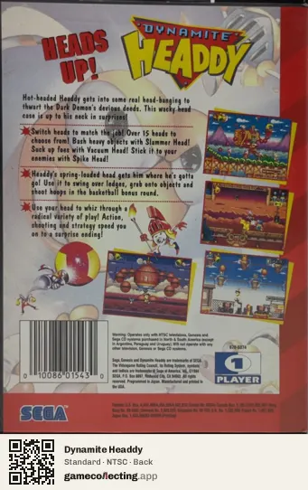 Dynamite Headdy Sega Mega Drive / Genesis, NTSC box back