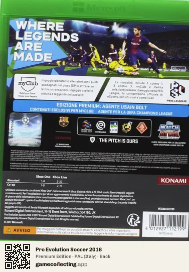 Pro Evolution Soccer 2018 Xbox One, Italy box back