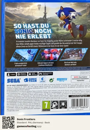 Sonic Frontiers PlayStation 5, Germany box back