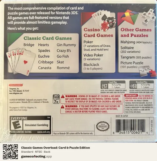 Classic Games Overload: Card & Puzzle Edition Nintendo 3DS, NTSC box back