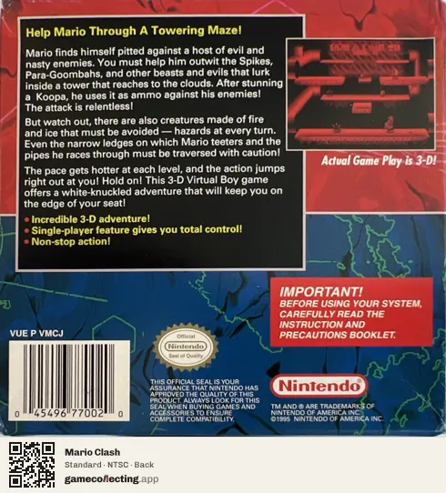 Mario Clash Virtual Boy, NTSC box back