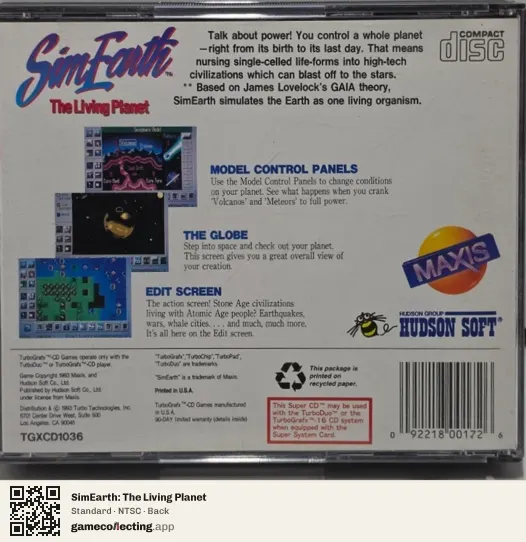 SimEarth: The Living Planet TurboGrafx-CD, NTSC box back