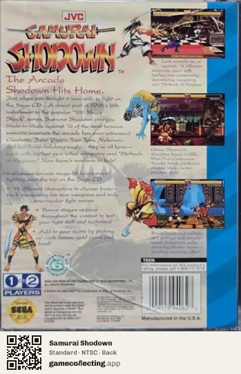 Samurai Shodown Sega Mega-CD / Sega CD, NTSC box back