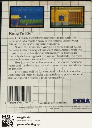 Kung Fu Kid Sega Master System, NTSC box back