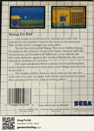 Kung Fu Kid Sega Master System, NTSC box back