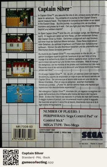 Captain Silver Sega Master System, PAL box back