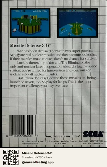 Missile Defense 3-D Sega Master System, NTSC box back