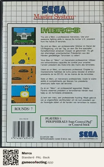 Mercs Sega Master System, PAL box back