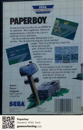 Paperboy Sega Master System, NTSC box back