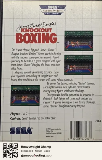 Heavyweight Champ Sega Master System, NTSC box back
