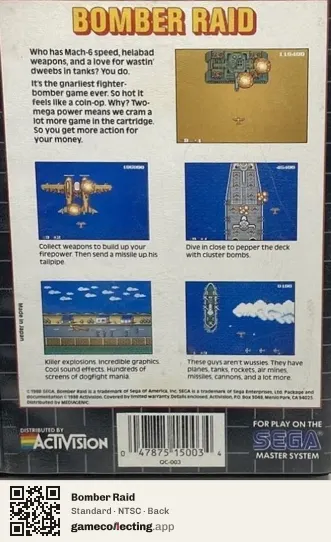 Bomber Raid Sega Master System, NTSC box back