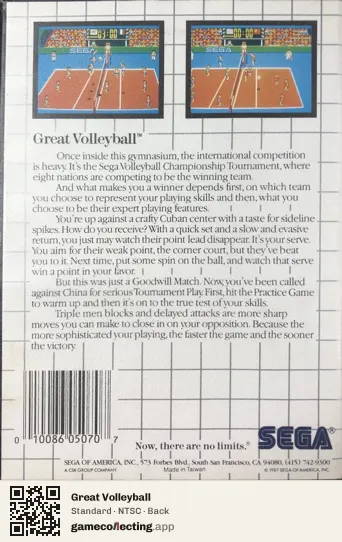 Great Volleyball Sega Master System, NTSC box back