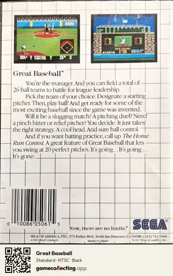 Great Baseball Sega Master System, NTSC box back