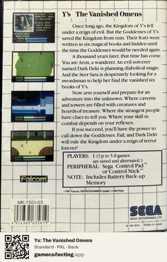 Ys: The Vanished Omens Sega Master System, PAL box back