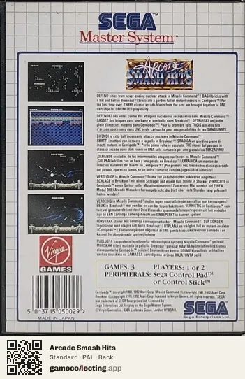 Arcade Smash Hits Sega Master System, PAL box back