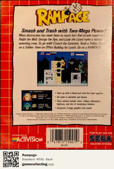 Rampage Sega Master System, NTSC box back