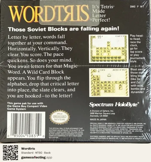 Wordtris Game Boy, NTSC box back