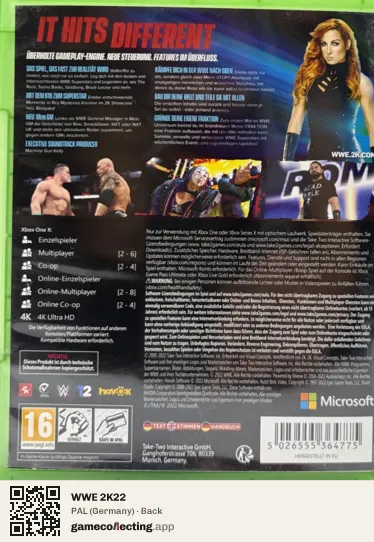 WWE 2K22 Xbox One, Germany box back